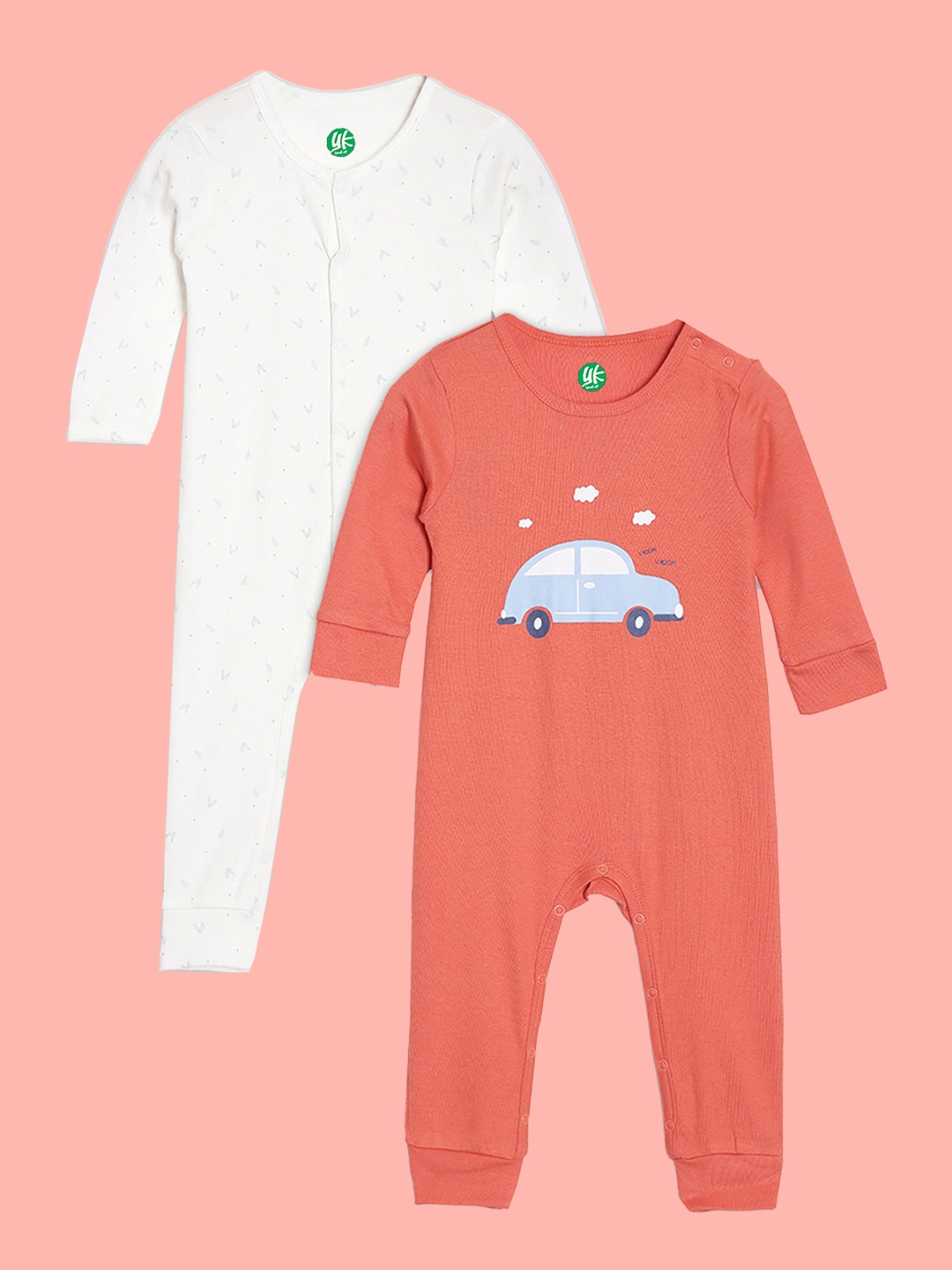 

YK Organic Boys Pack Of 2 White & Orange Car Print Organic Cotton Sleepsuits