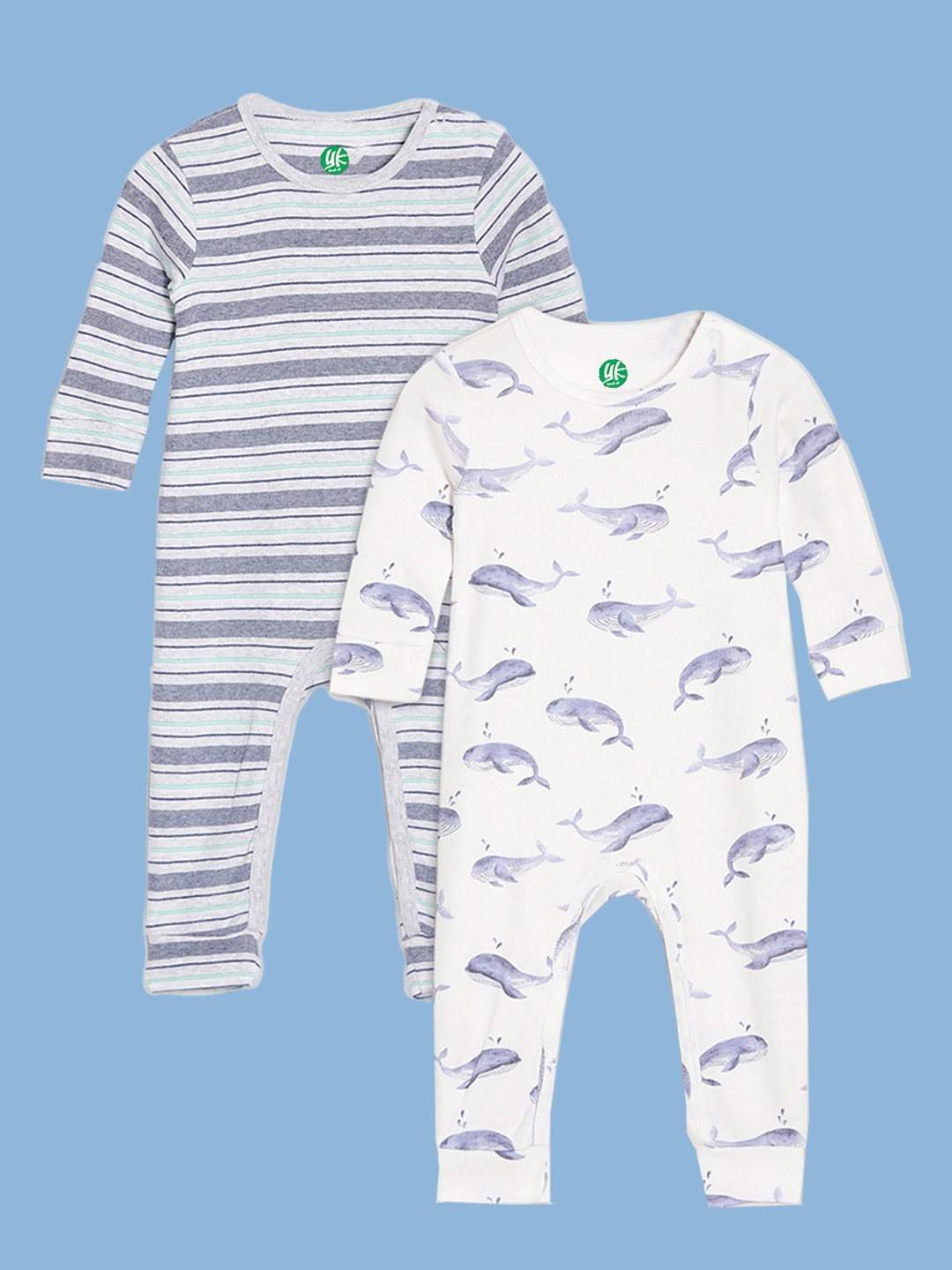 

YK Organic Boys Pack Of 2 White and Blue Striped Organic Cotton Sleepsuits
