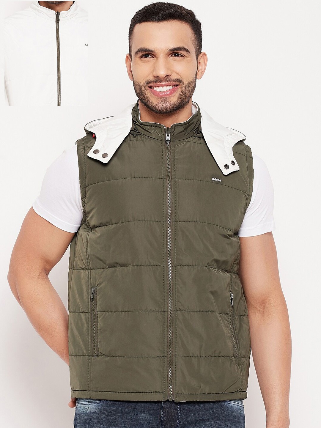 

Adobe Men White Green Reversible Padded Jacket