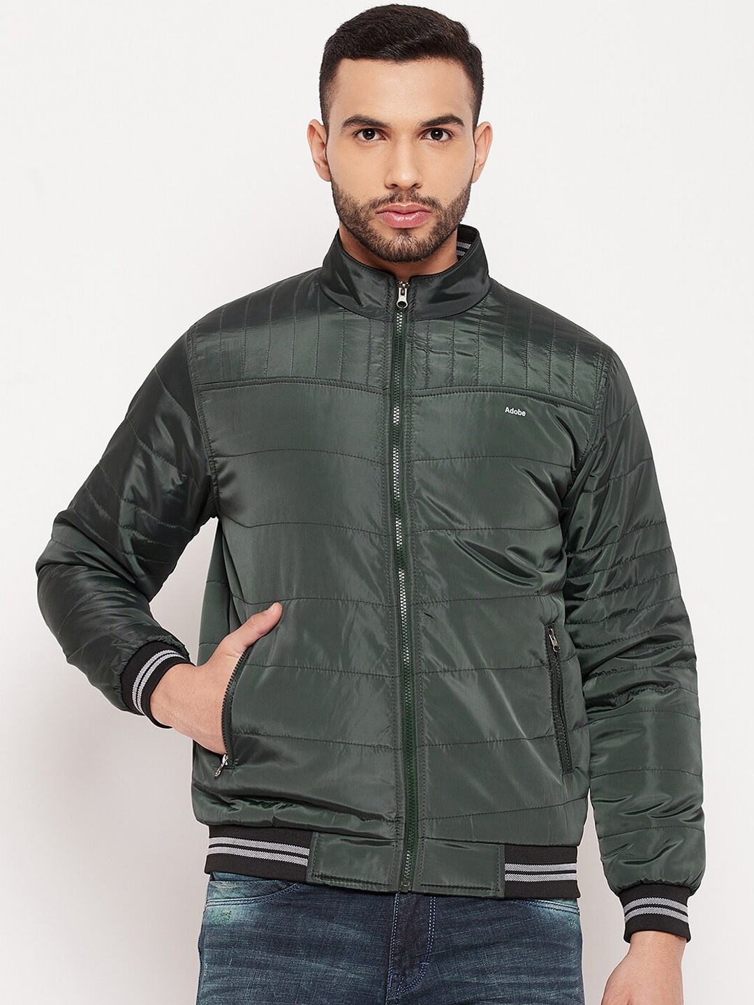 

Adobe Men Green Striped Lightweight Padded Jacket