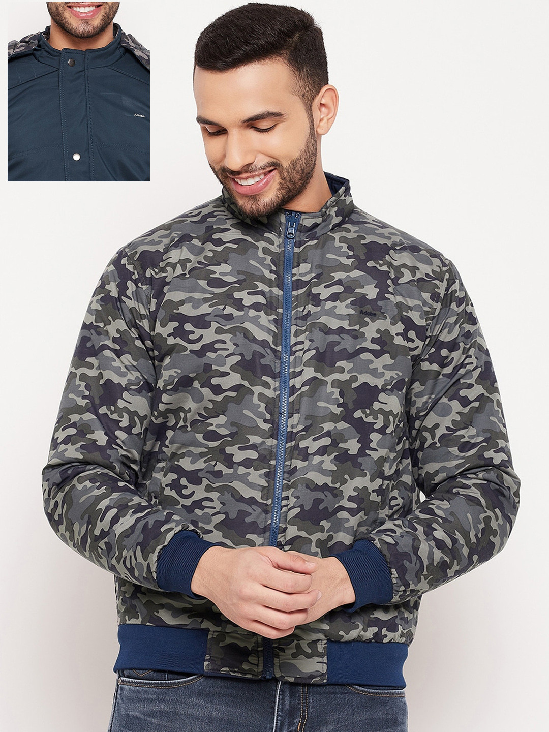 

Adobe Men Blue Beige Reversible Bomber Jacket