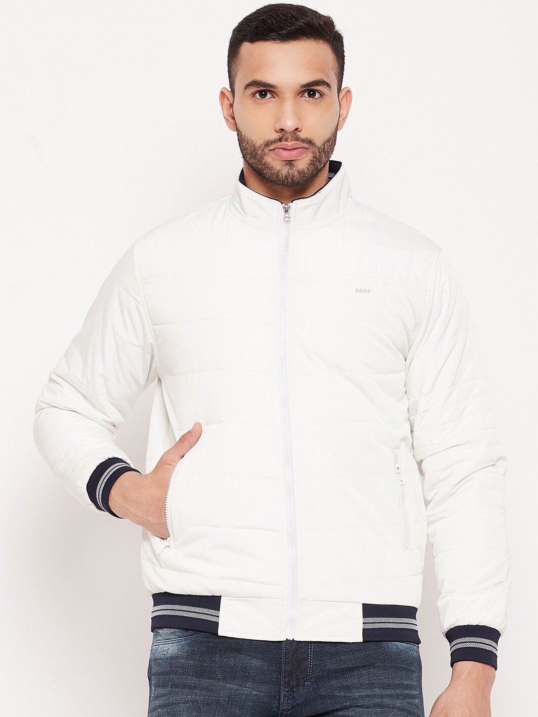 

Adobe Men White Black Striped Lightweight Bomber Jacket