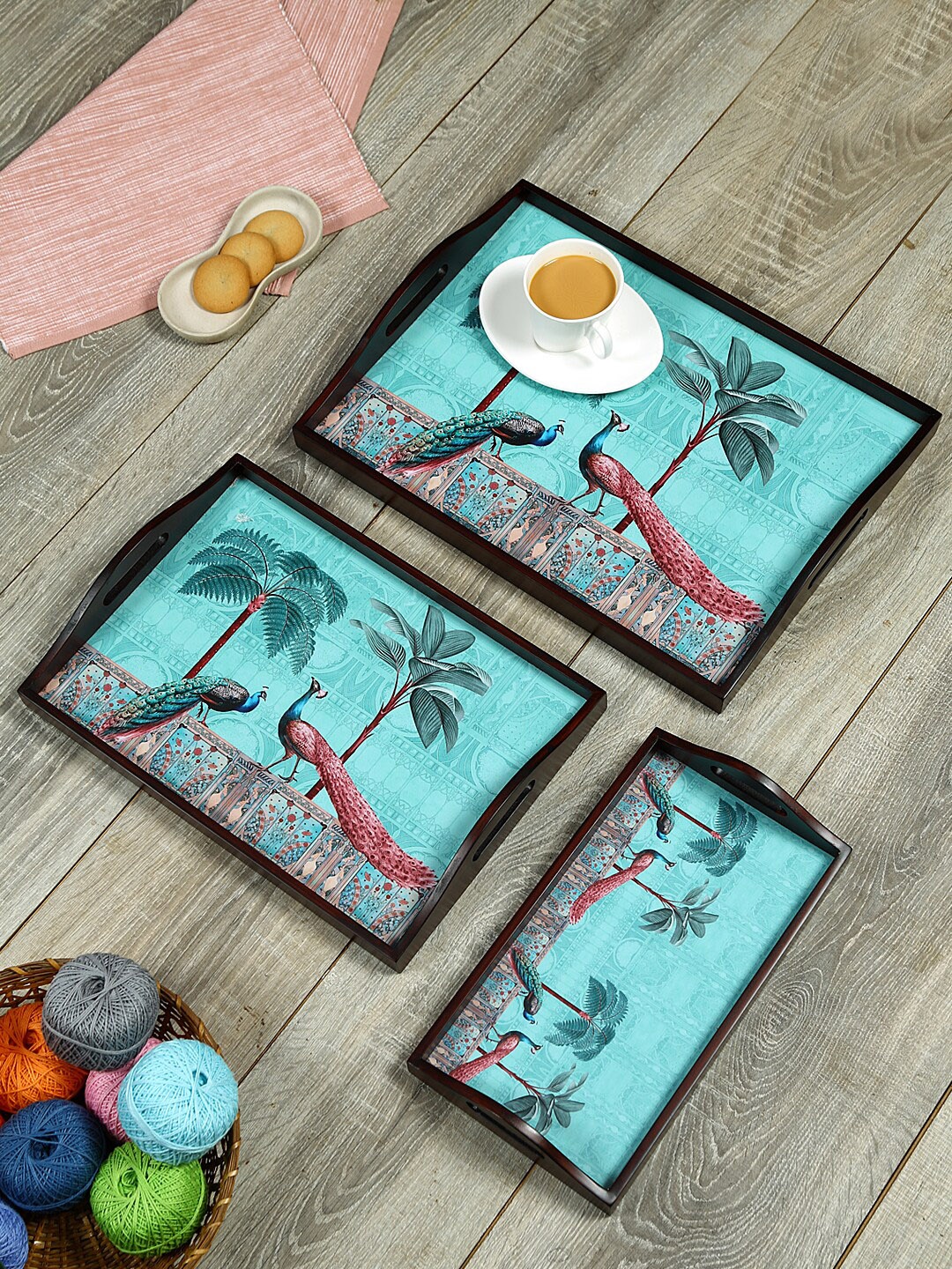 

Reinvention Factory Set Of 3 Brown & Blue Peacock Printed Teak Wood Trays