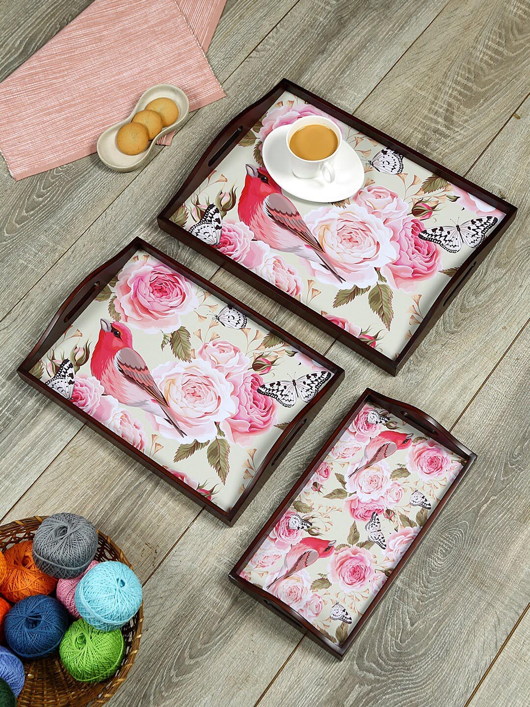 

Reinvention Factory Set of 3 Printed Teak Wood Serving Trays, White