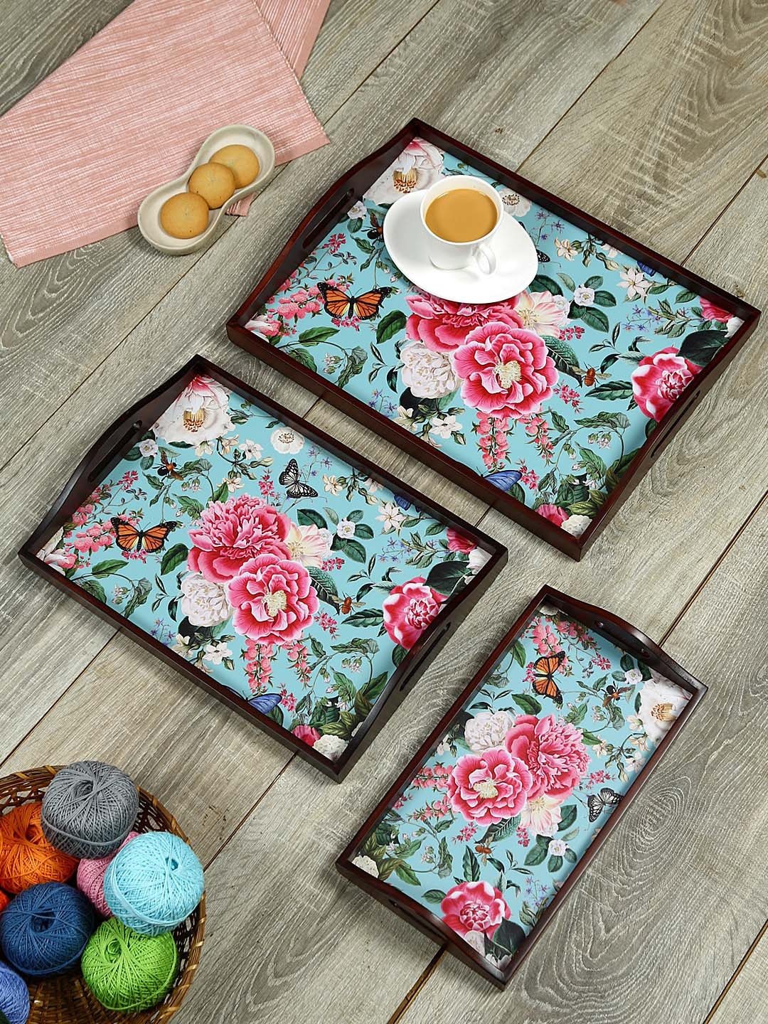 

Reinvention Factory Set Of 3 Printed Teak Wood Serving Trays, Blue
