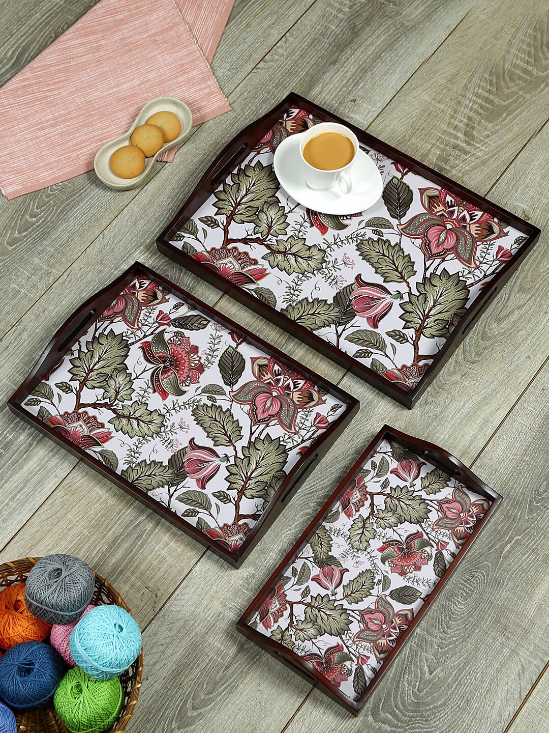 

Reinvention Factory Set of 3 Printed Teak Wood Serving Trays, Brown