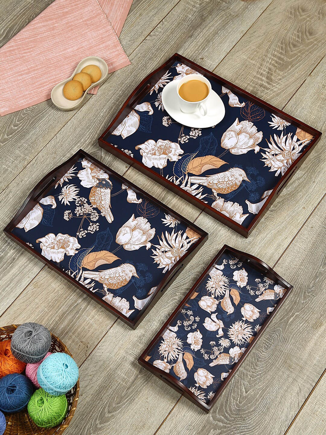

Reinvention Factory Set of 3 Printed Teak Wood Serving Trays, Navy blue