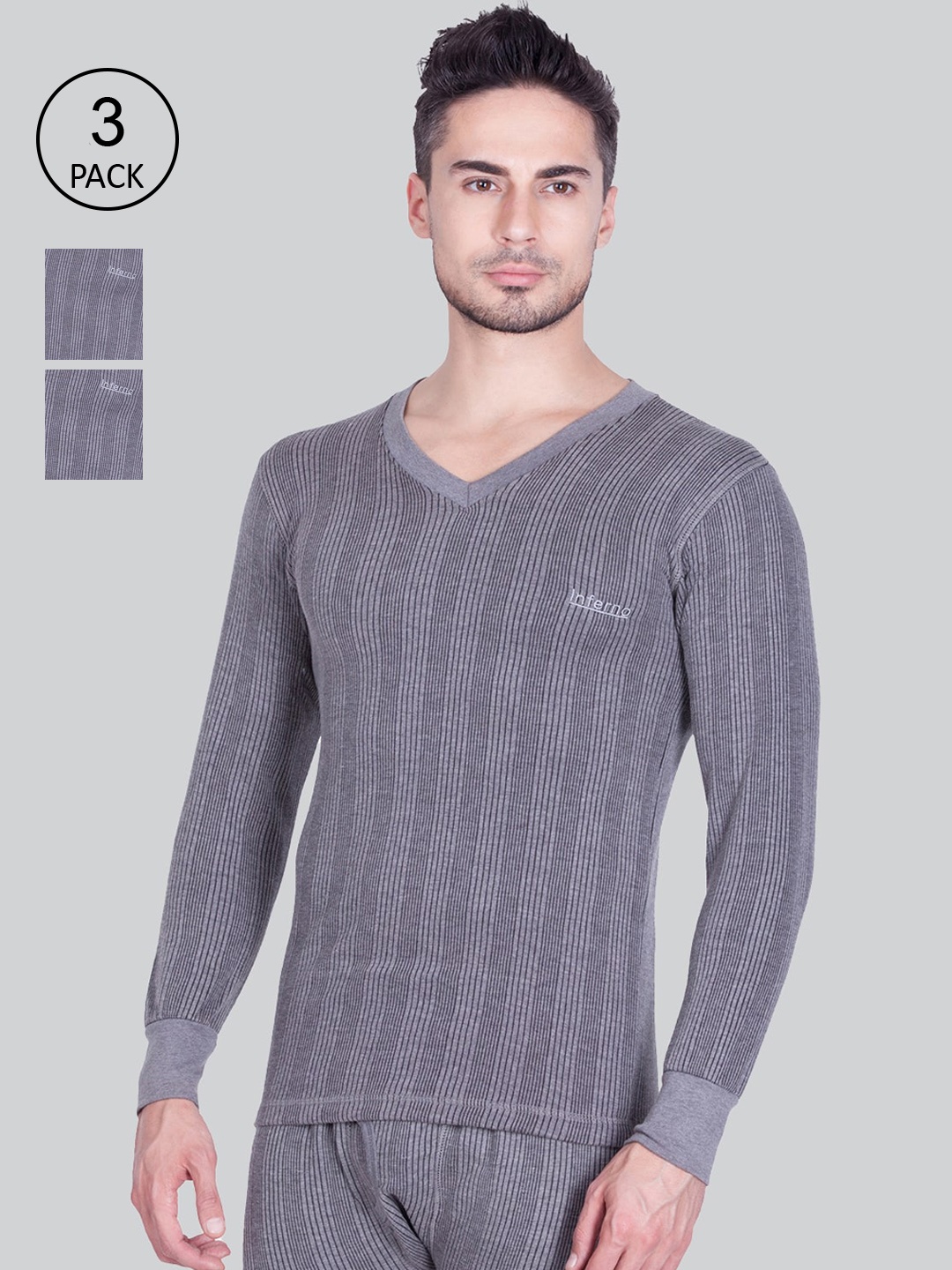 

INFERNO Men Pack Of 3 Grey Striped Thermal Tops