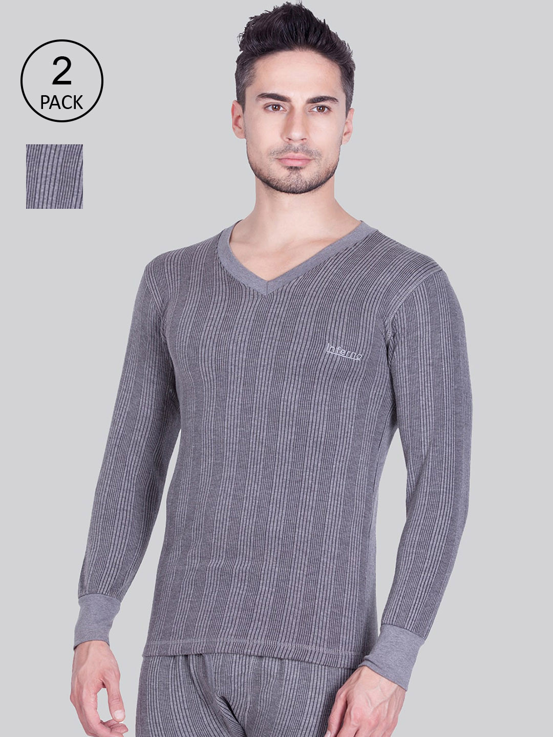 

INFERNO Men Pack Of 2 Grey Melange Striped Patterned Woolen Thermal Tops
