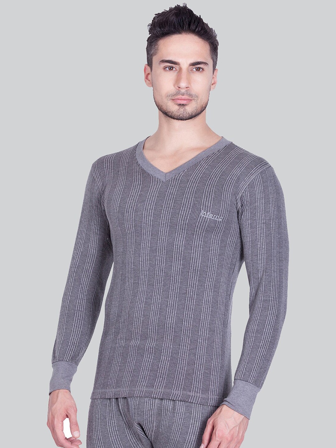 

INFERNO Men Grey Striped Thermal Tops