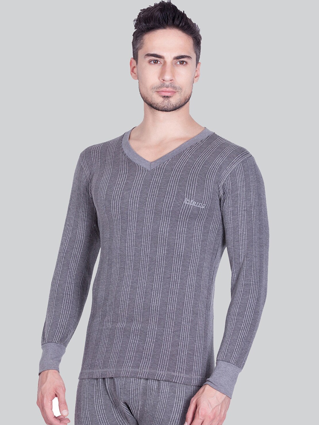 

INFERNO Men Grey Striped Thermal Top