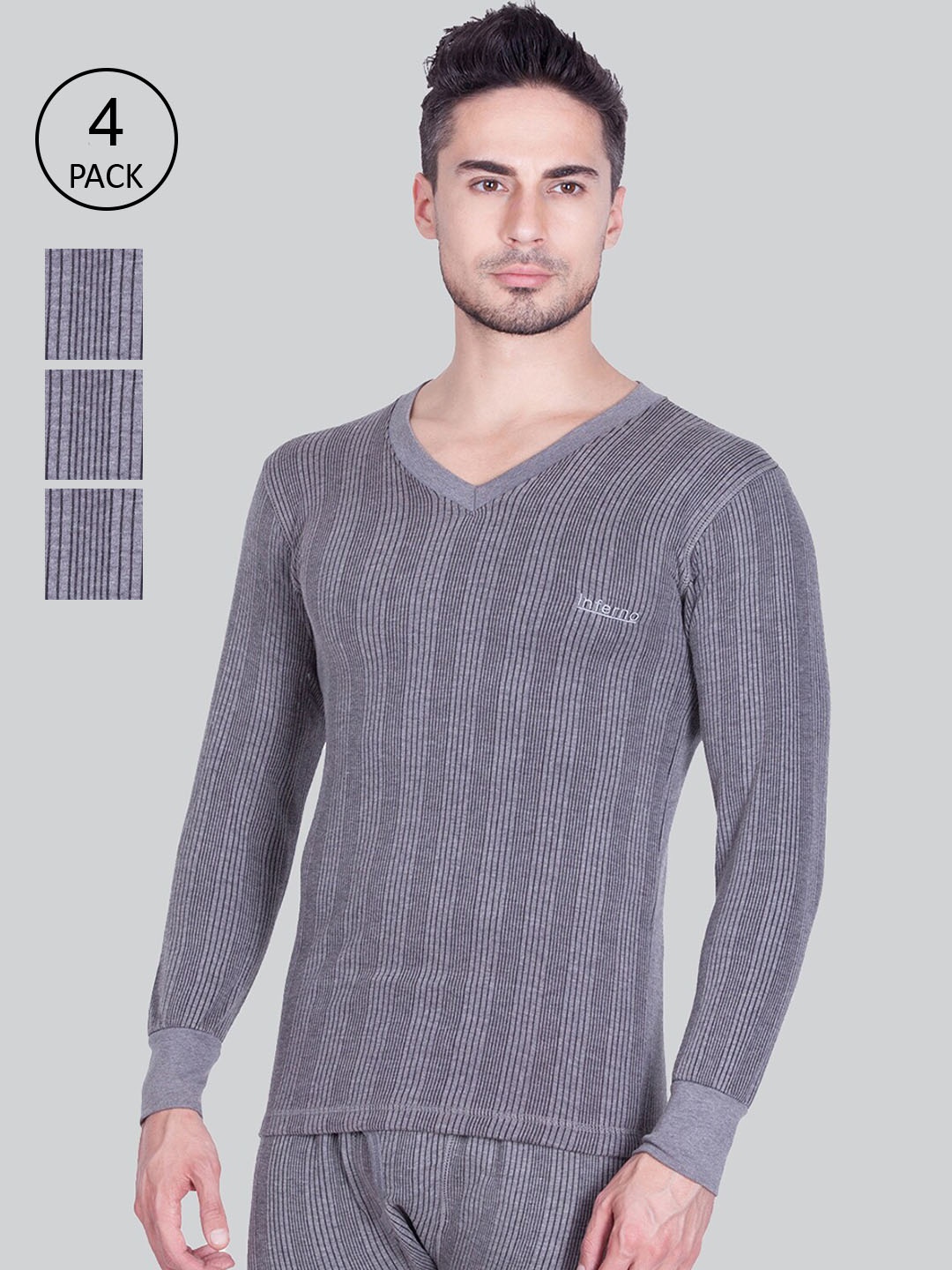 

INFERNO Men Pack Of 4 Grey Striped Thermal Tops