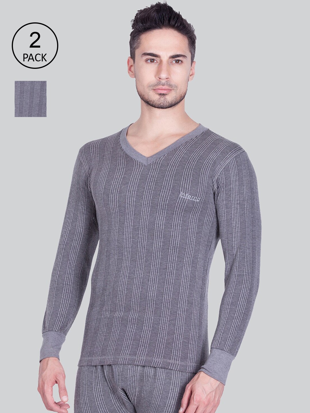 

INFERNO Men Pack Of 2 Grey Striped Thermal Tops