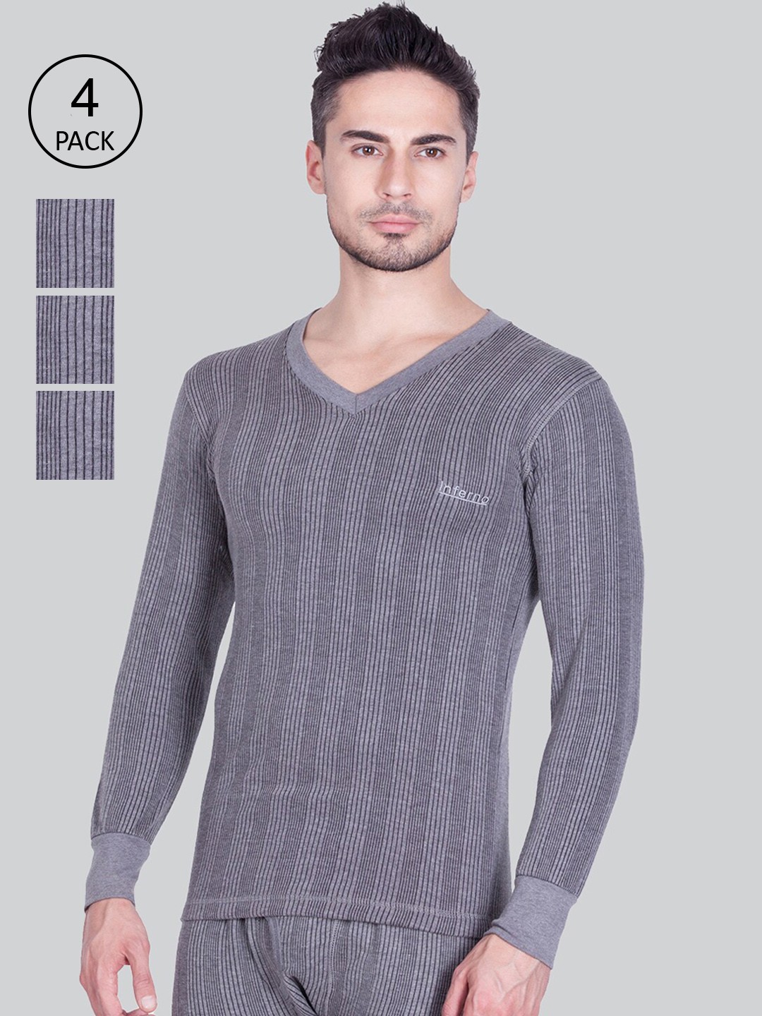 

INFERNO Men Pack Of 4 Charcoal Melange Striped Thermal Tops