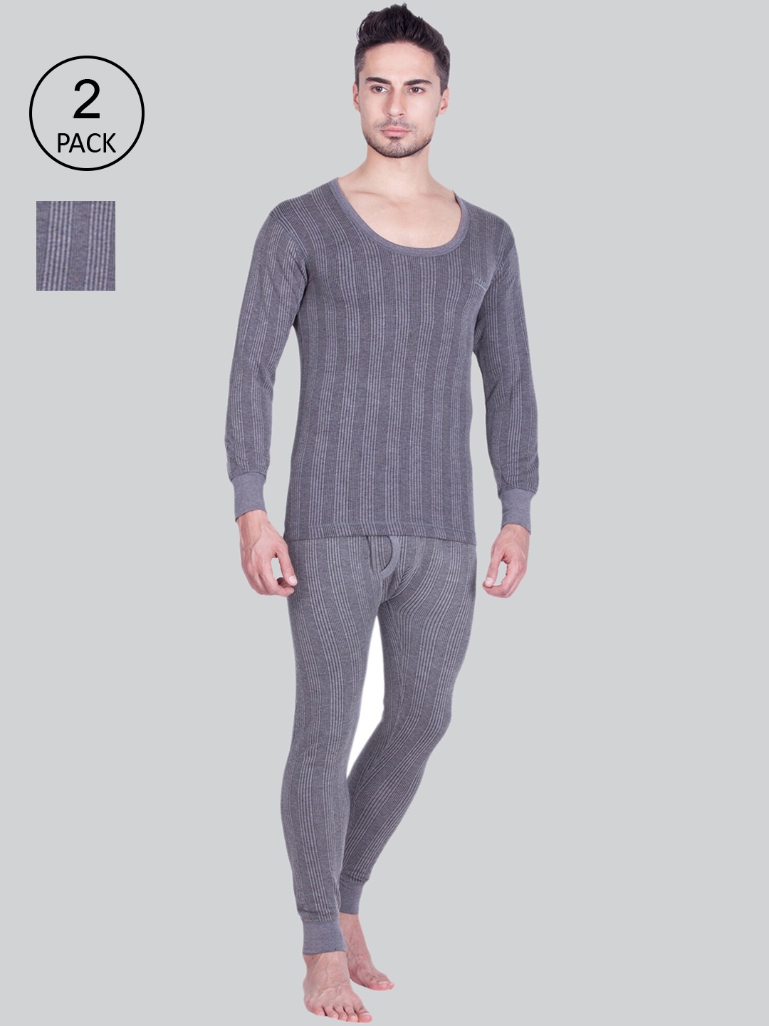 

INFERNO Men Pack of 2 Grey Solid Thermal Sets, Grey melange