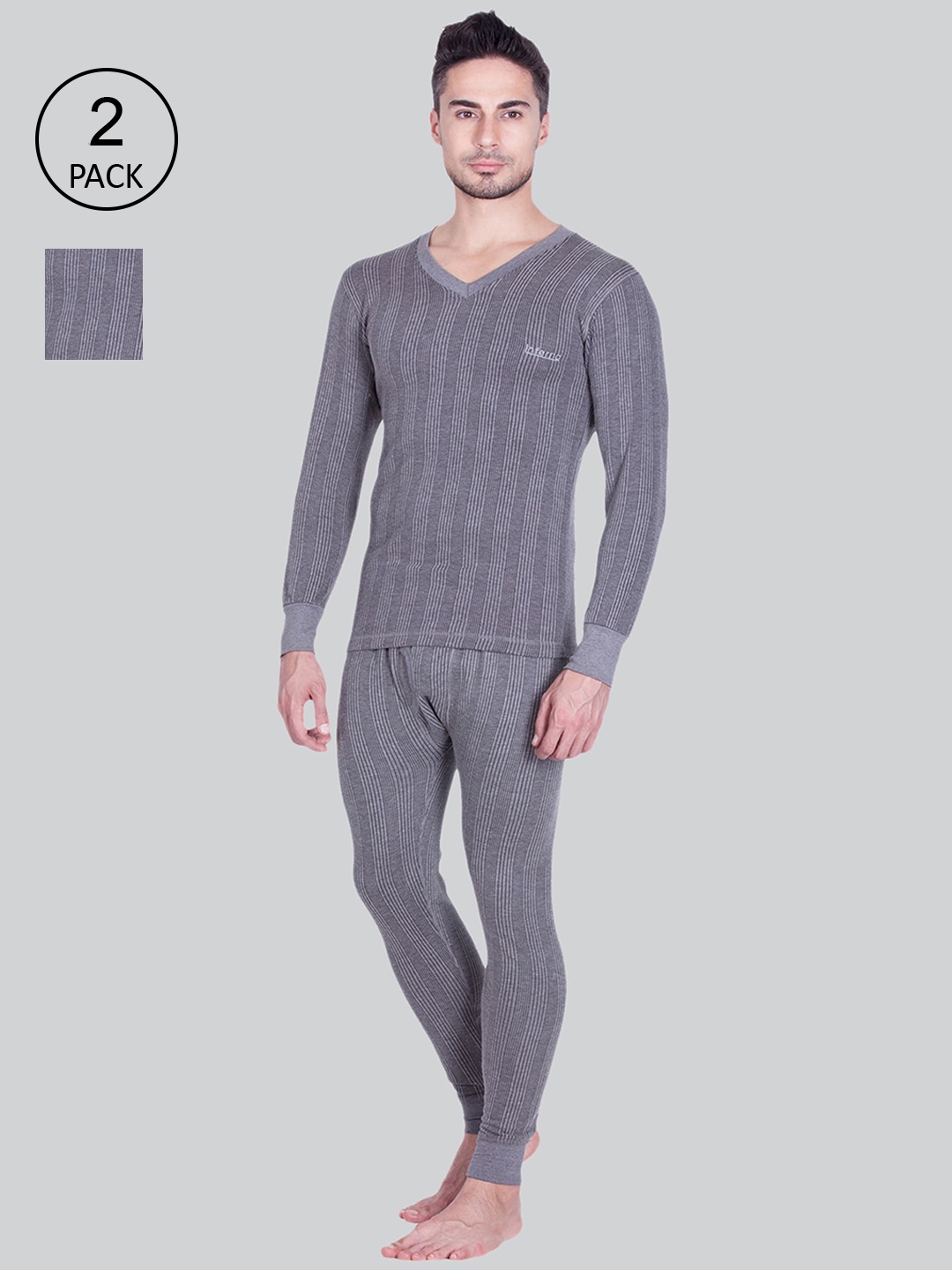 

INFERNO Men Pack Of 2 Grey Striped Thermal Set