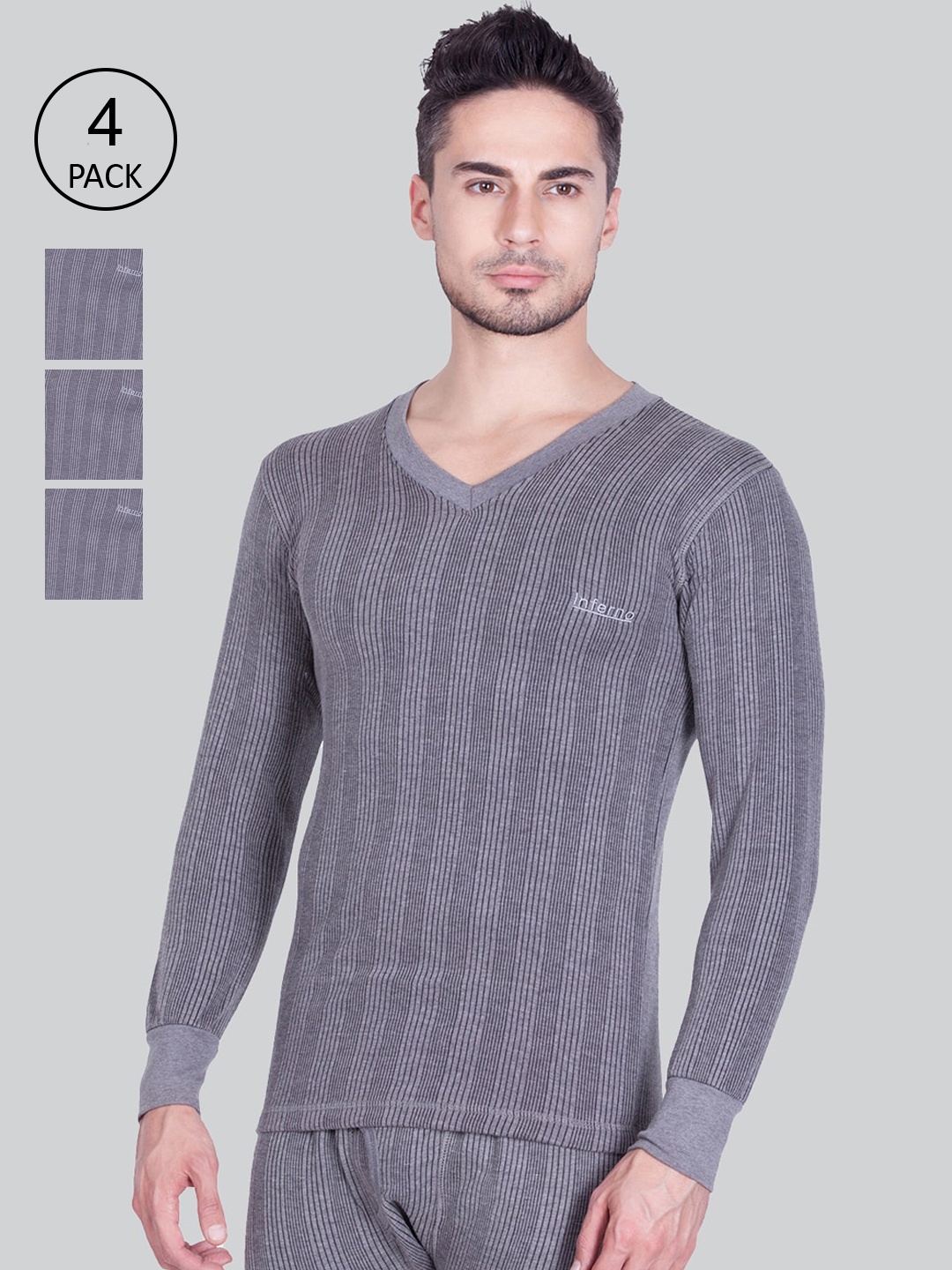 

INFERNO Men Pack Of 4 Grey Self-Striped Wool Thermal Tops