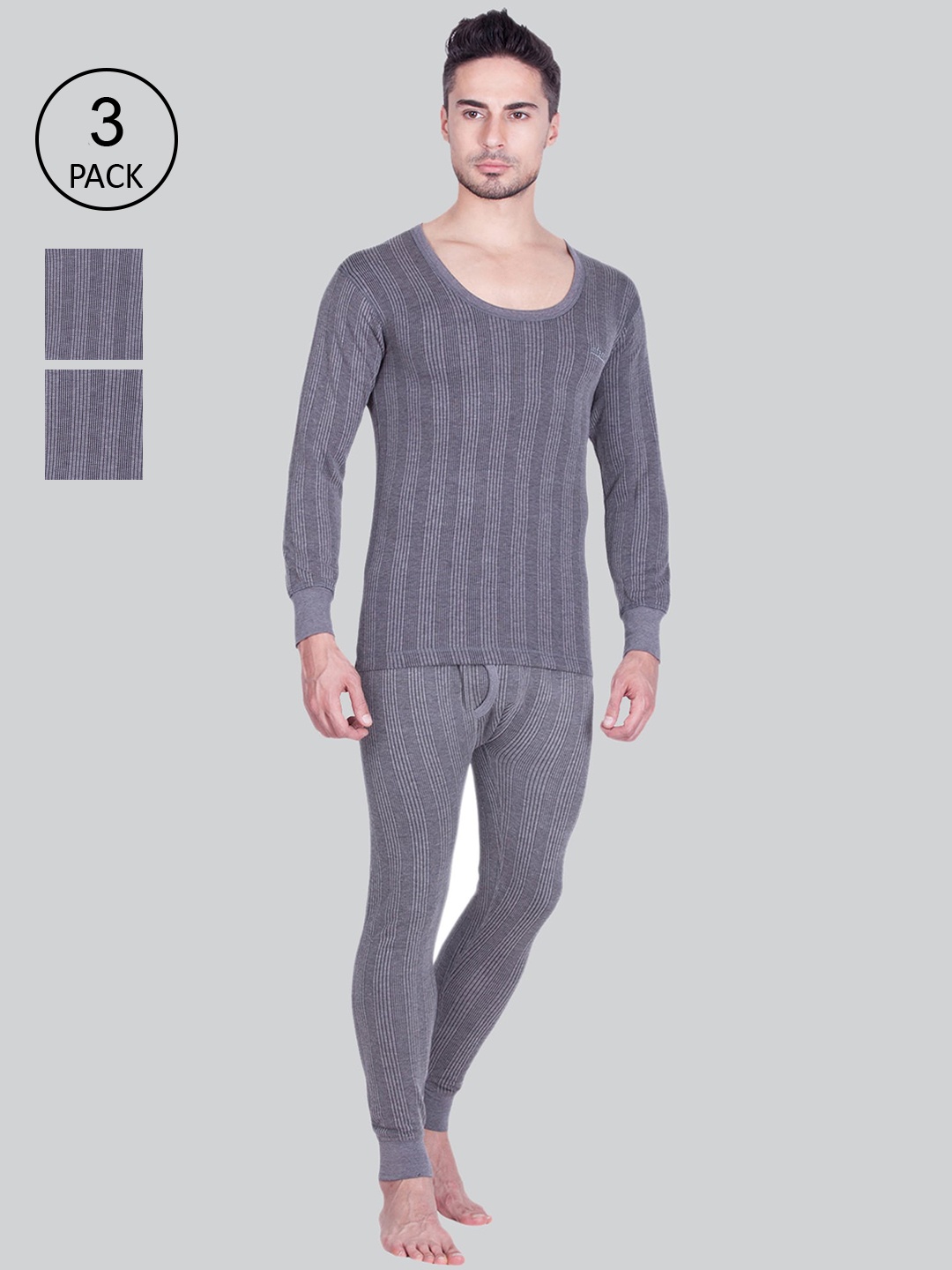 

INFERNO Men Pack Of 3 Grey Striped Woolen Thermal Set