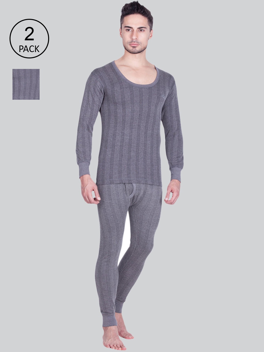 

INFERNO Men Pack Of 2 Grey Striped Woolen Thermal Set