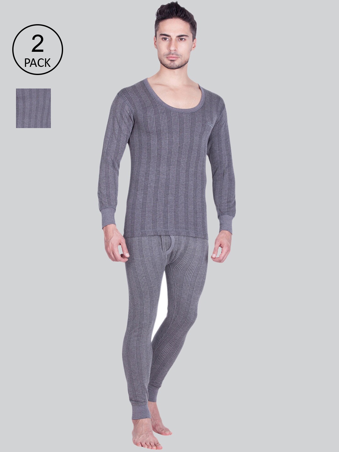 

INFERNO Men Grey Pack Of 2 Striped Thermal Set, Charcoal