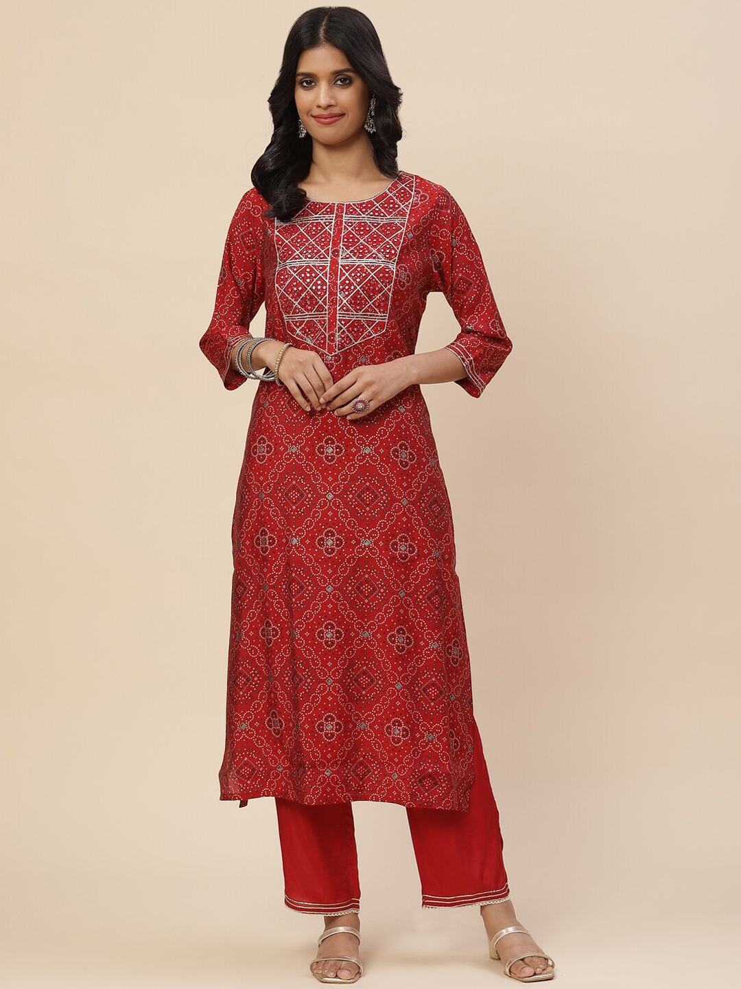 

Meena Bazaar Women Red Bandhani Printed Gotta Patti Kurta with Trousers