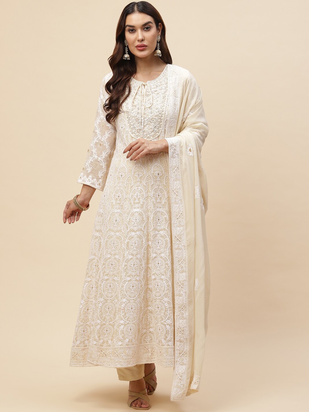 

Meena Bazaar Women Beige Embroidered Kurta with Trousers & With Dupatta, Off white