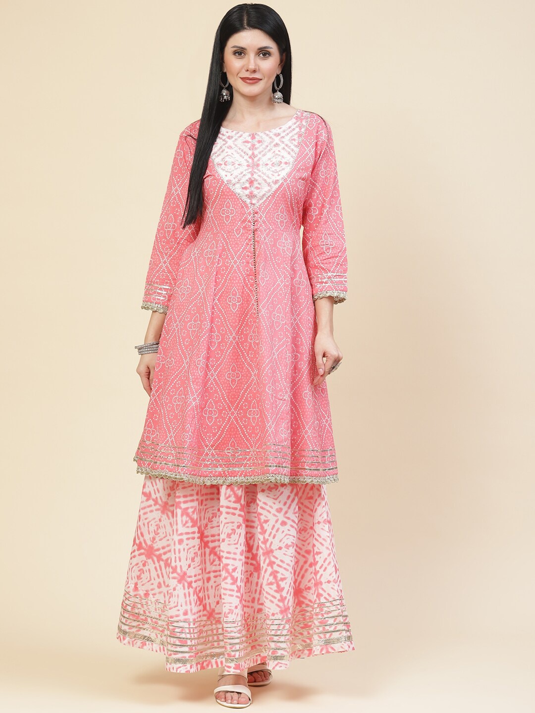 

Meena Bazaar Women Pink Bandhani Printed Cotton Angrakha Kurta with Skirt