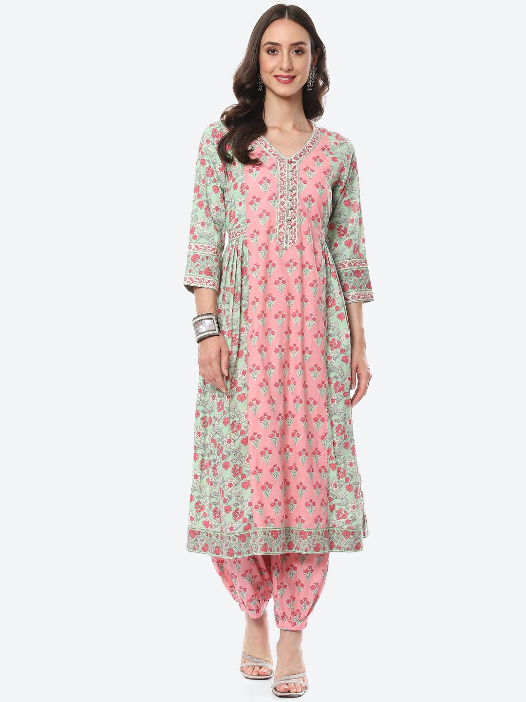 

Meena Bazaar Women Pink Floral Embroidered Panelled Kurta with Harem Pants & With Dupatta