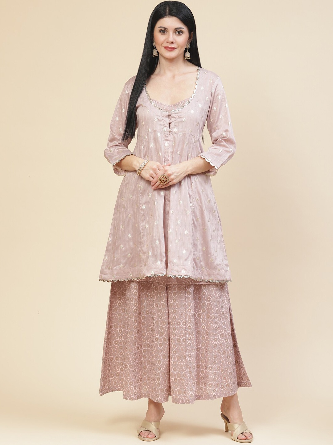 

Meena Bazaar Women Pink Bandhani Printed Empire Kurta with Palazzos