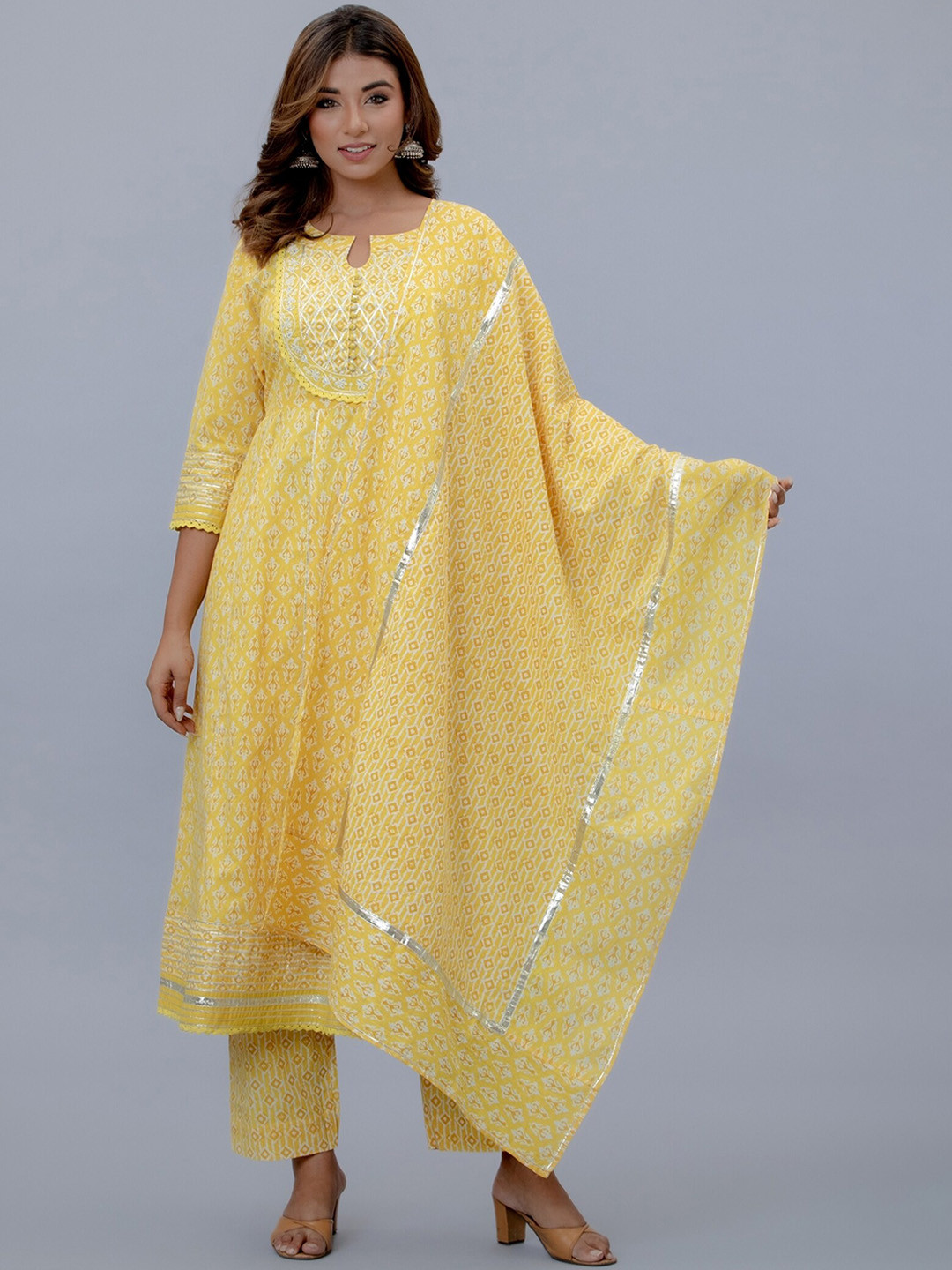 

EtnicaWear Women Yellow Printed Gotta Patti Pure Cotton Kurta with Trouser & Dupatta Set