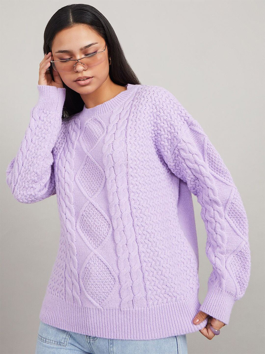 

Styli Women Purple Self Design Round Neck Pullover