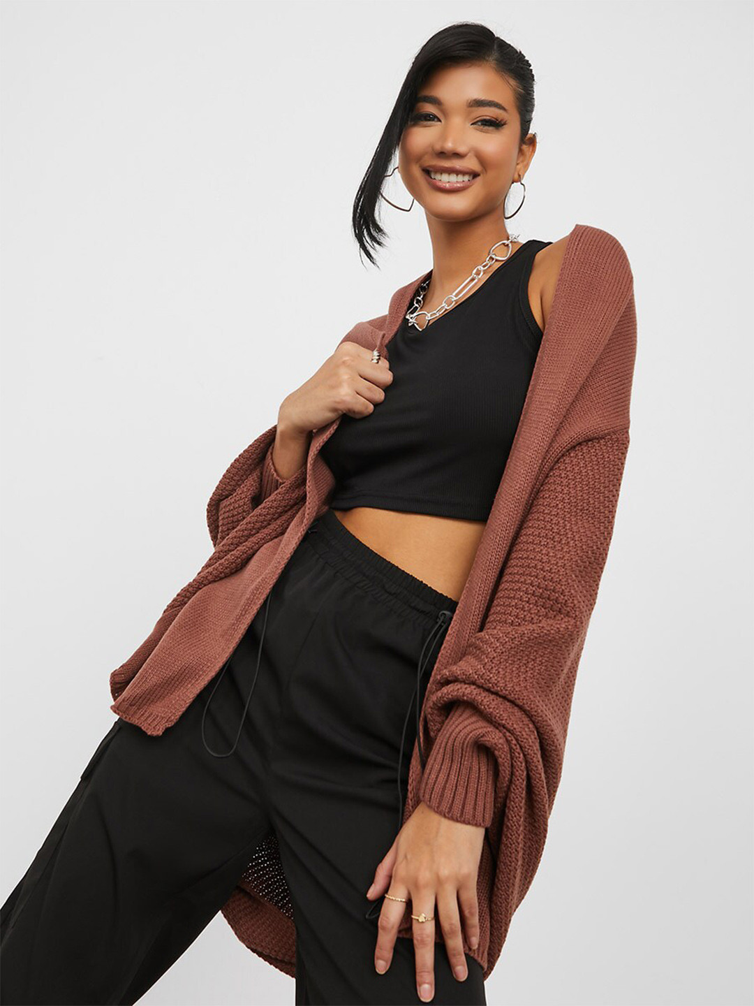 

Styli Women Brown Front-Open Ribbed Longline