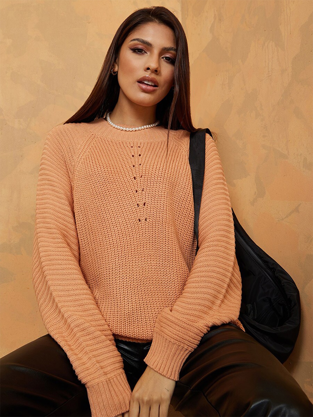 

Styli Women Orange Self Design Longline Pullover