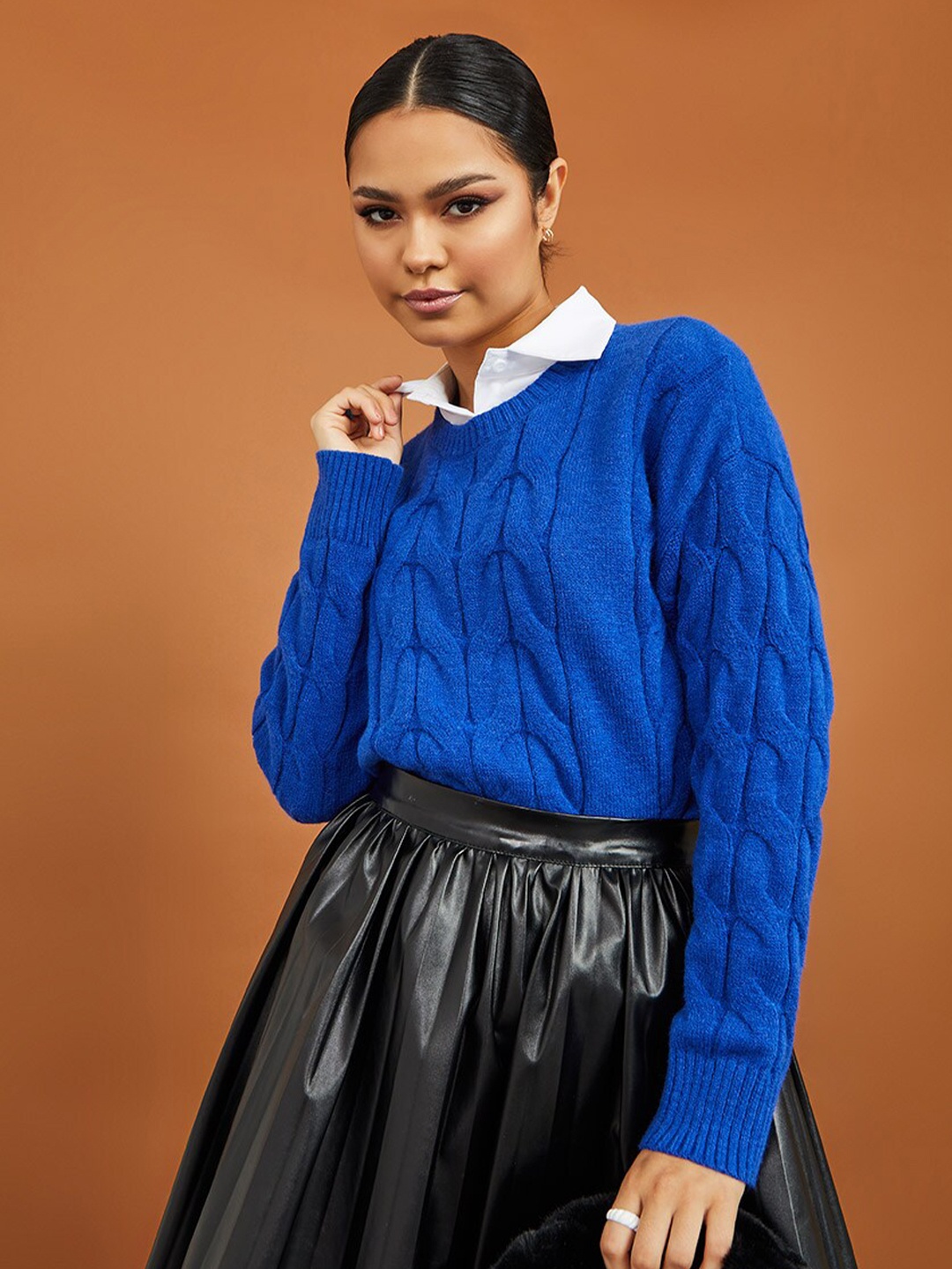 

Styli Women Blue Self Design Cable Knit Pullover