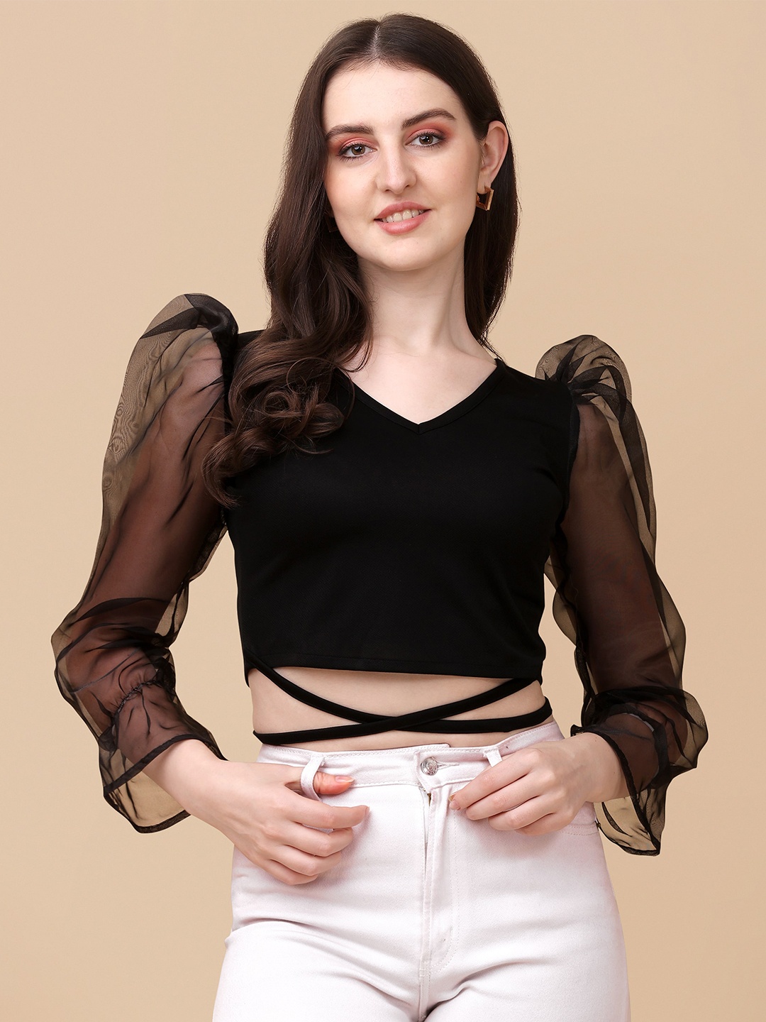 

Paralians Women Black Puff Sleeves Crepe Crop Top