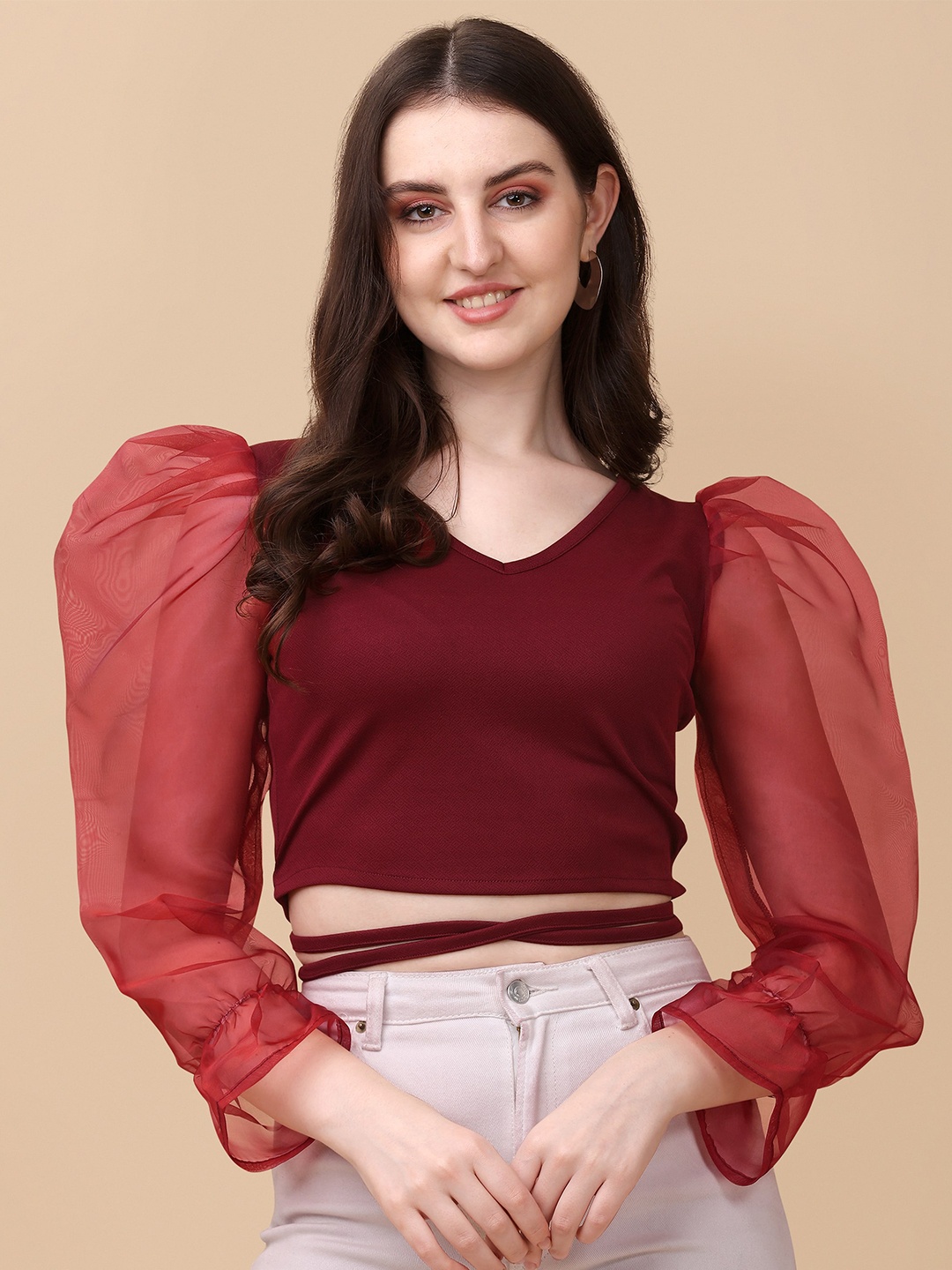 

Paralians Maroon Crepe Crop Top