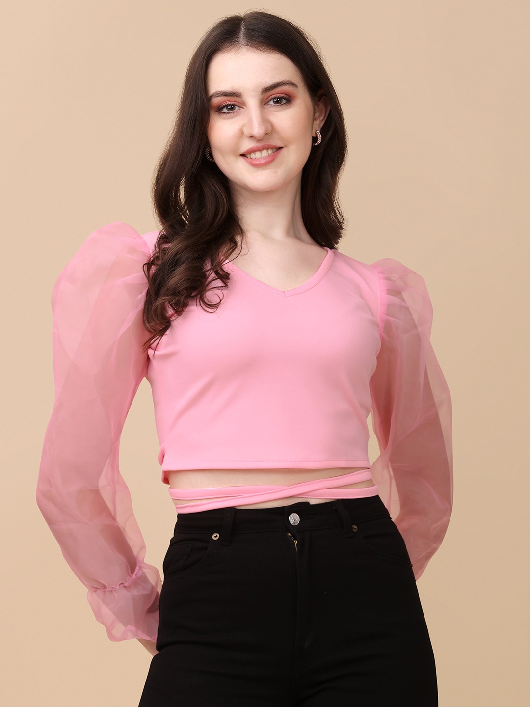 

Paralians Women Pink Puff Sleeves Crepe Crop Top