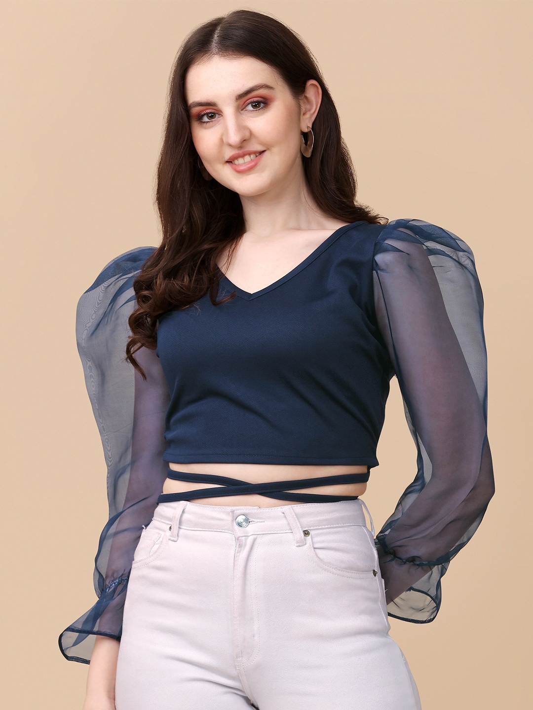 

Paralians Women Navy Blue Puff Sleeves Crepe Crop Top