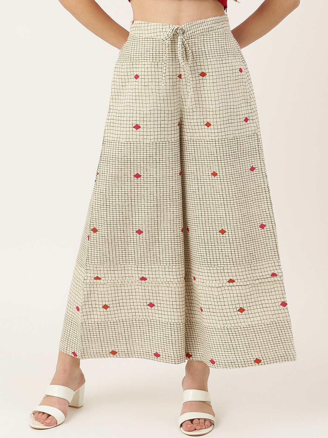 

DECKEDUP Women Off White & Red Checked Cotton Flared Palazzo