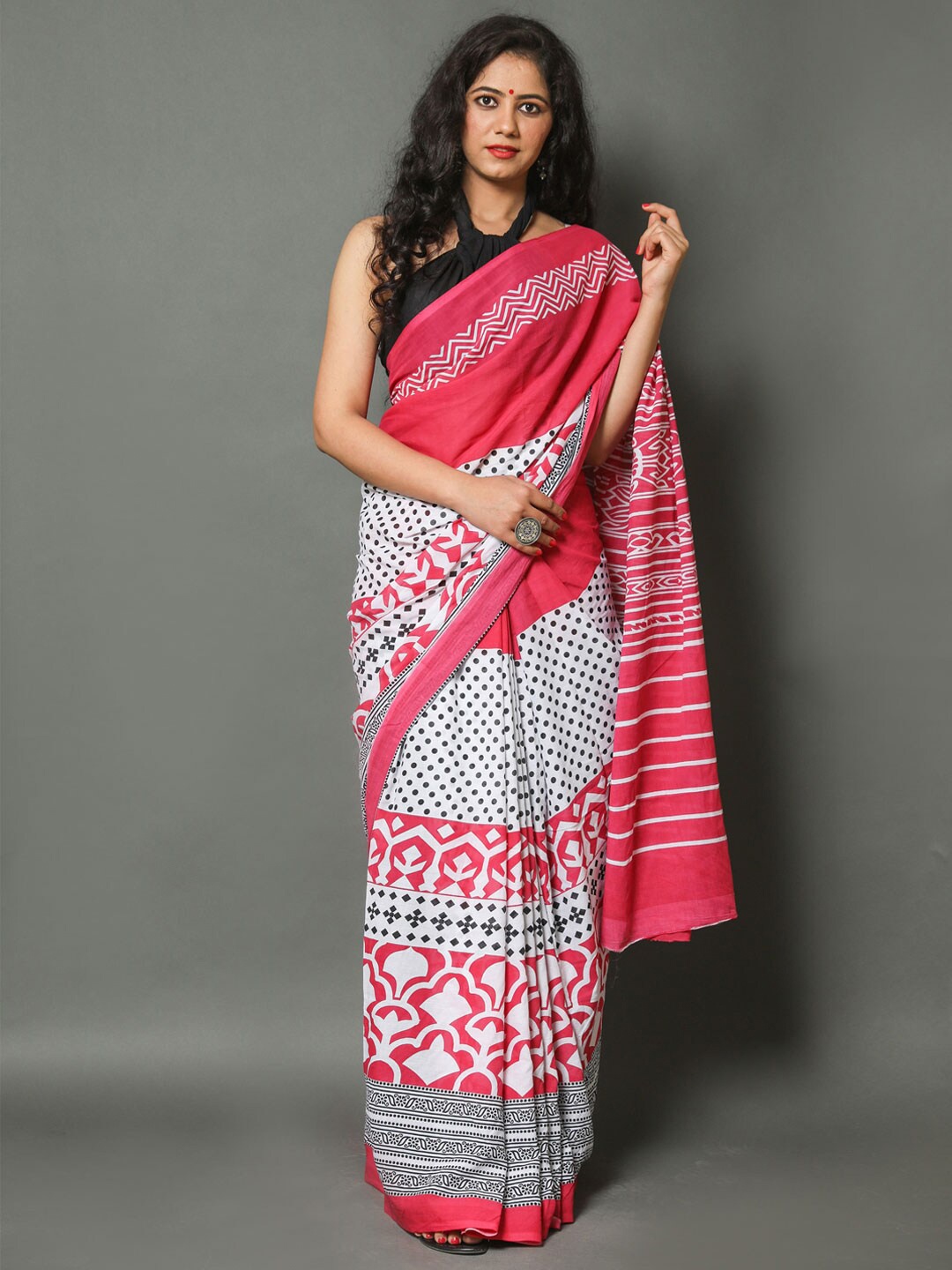 

BUTA BUTI Pink & White Polka Dots Printed Pure Cotton Saree
