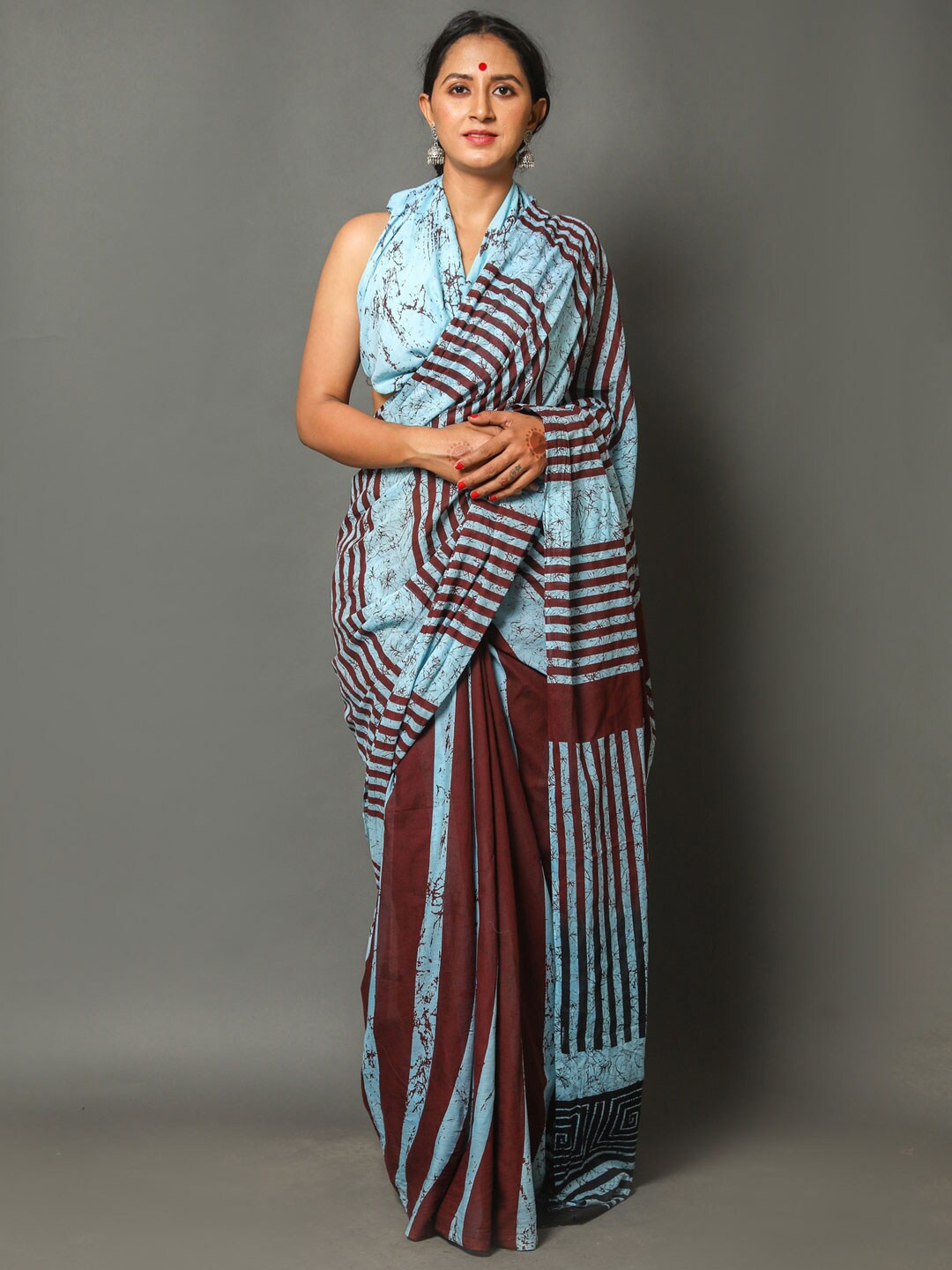 

BUTA BUTI Turquoise Blue & Coffee Brown Striped Pure Cotton Saree