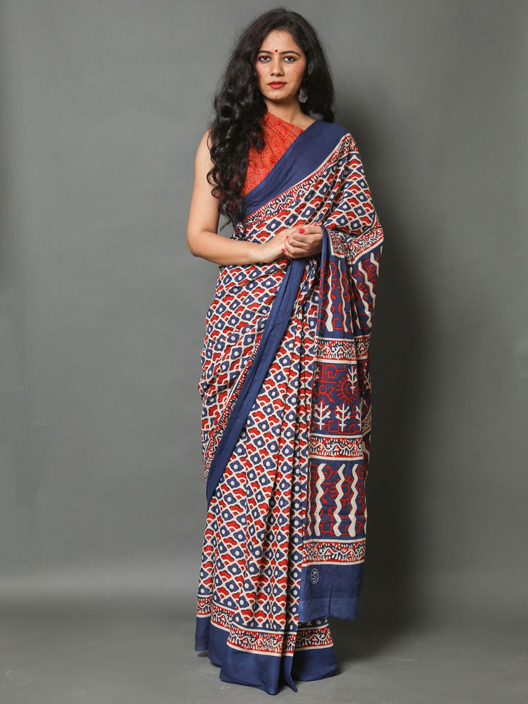 

BUTA BUTI Blue & Red Ethnic Motifs Printed Pure Cotton Saree