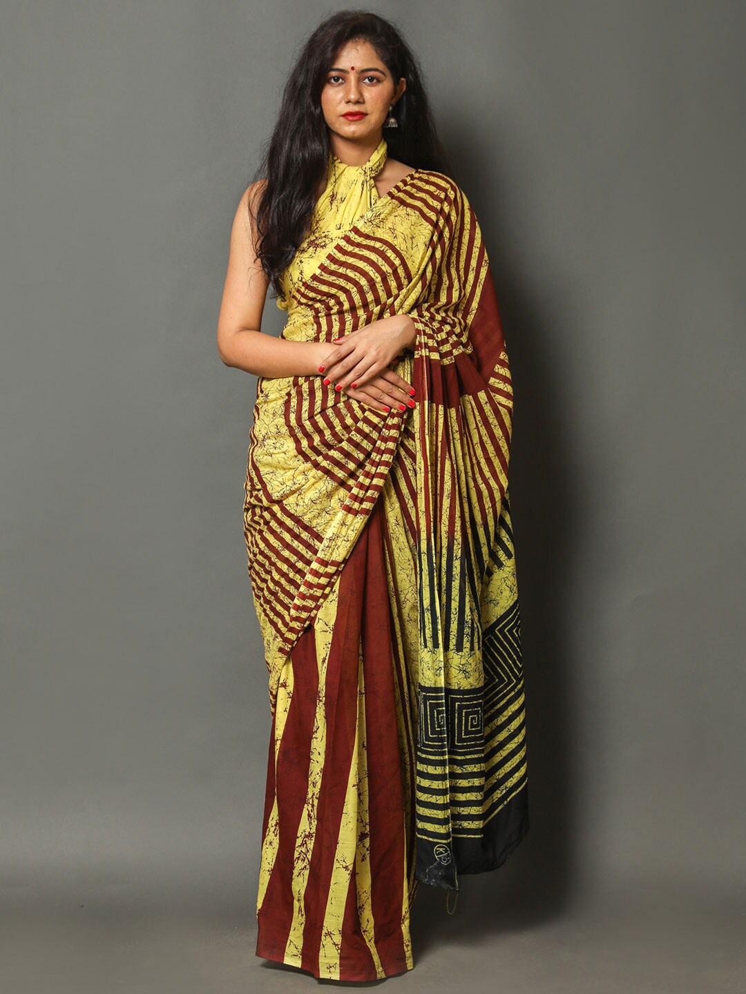 

BUTA BUTI Yellow & Brown Striped Pure Cotton Saree