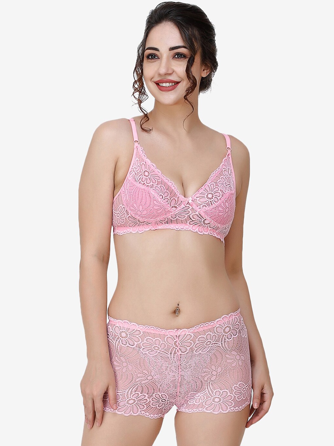 

Docare Women Self-Design Lace Cotton Lingerie Set, Pink