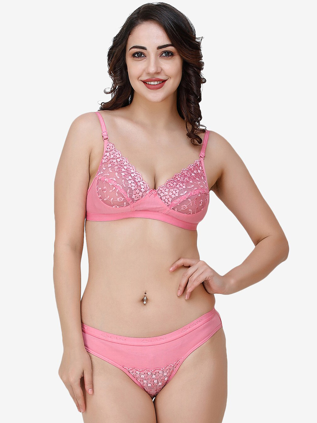 

Docare Women Pink Self-Design Lace Cotton Lingerie Set