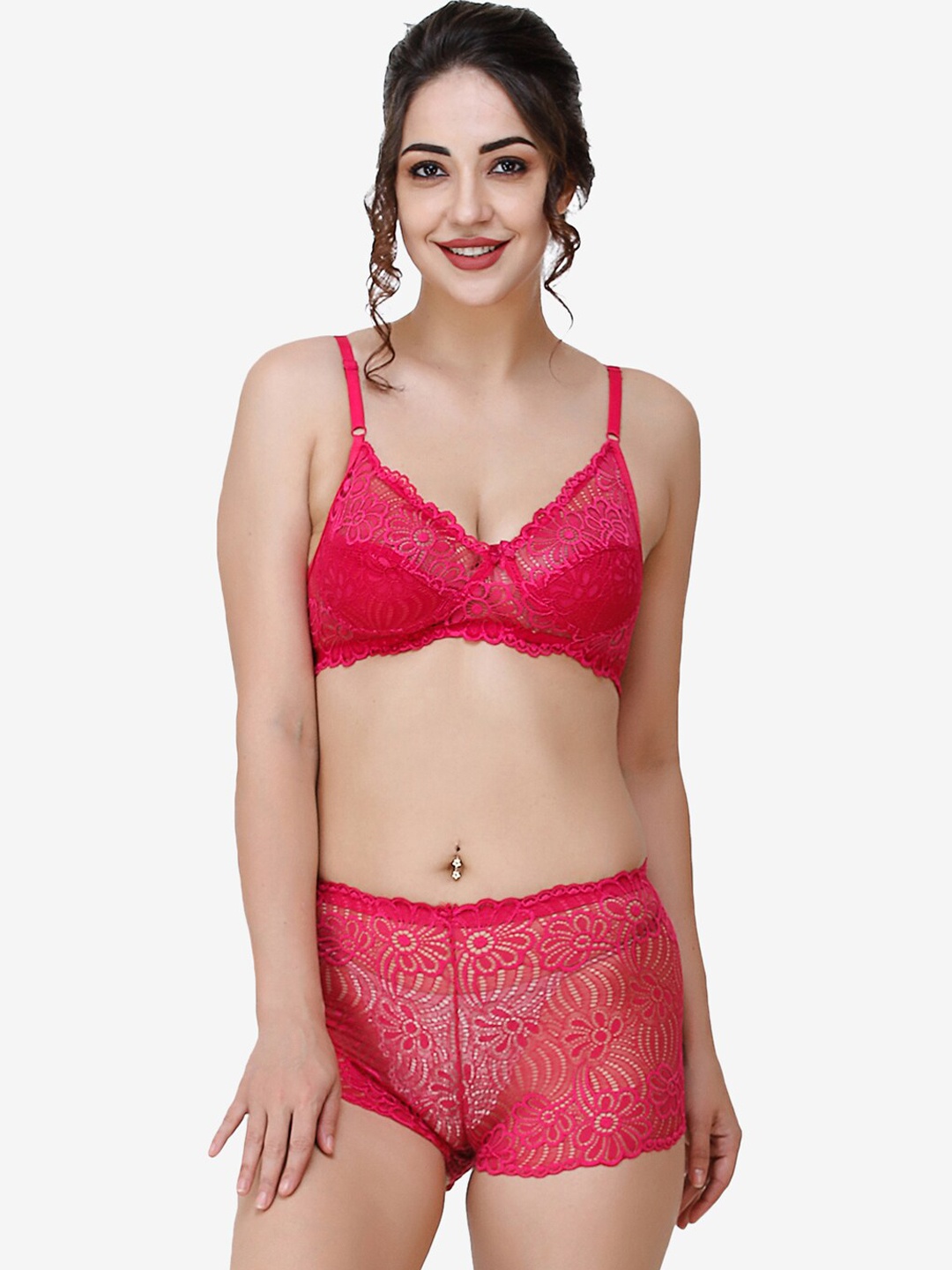 

Docare Women Self-Design Lace Cotton Lingerie Set, Pink