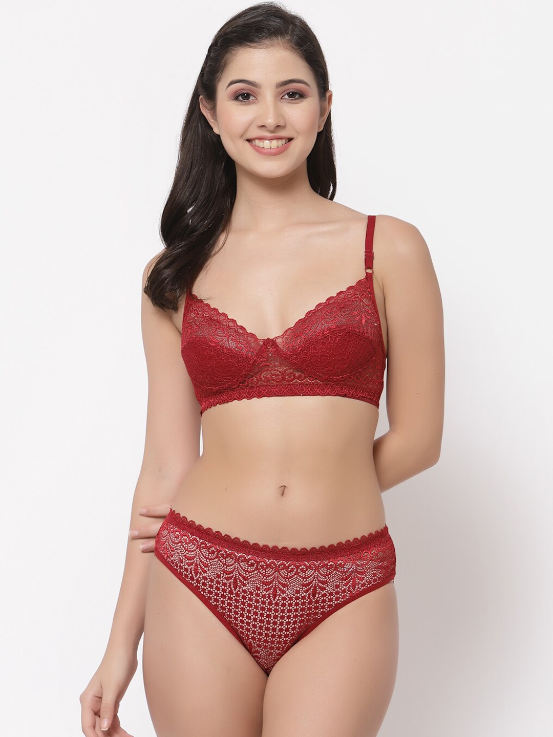 

Docare Women Maroon Self-Design Lace Cotton Lingerie Set