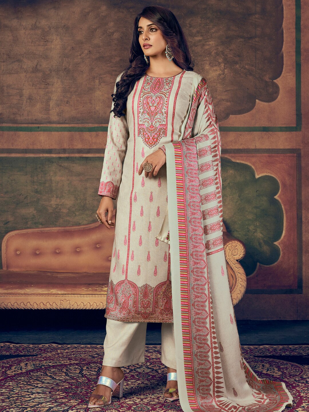 

Stylee LIFESTYLE Beige & Pink Floral Printed Pashmina Unstitched Dress Material