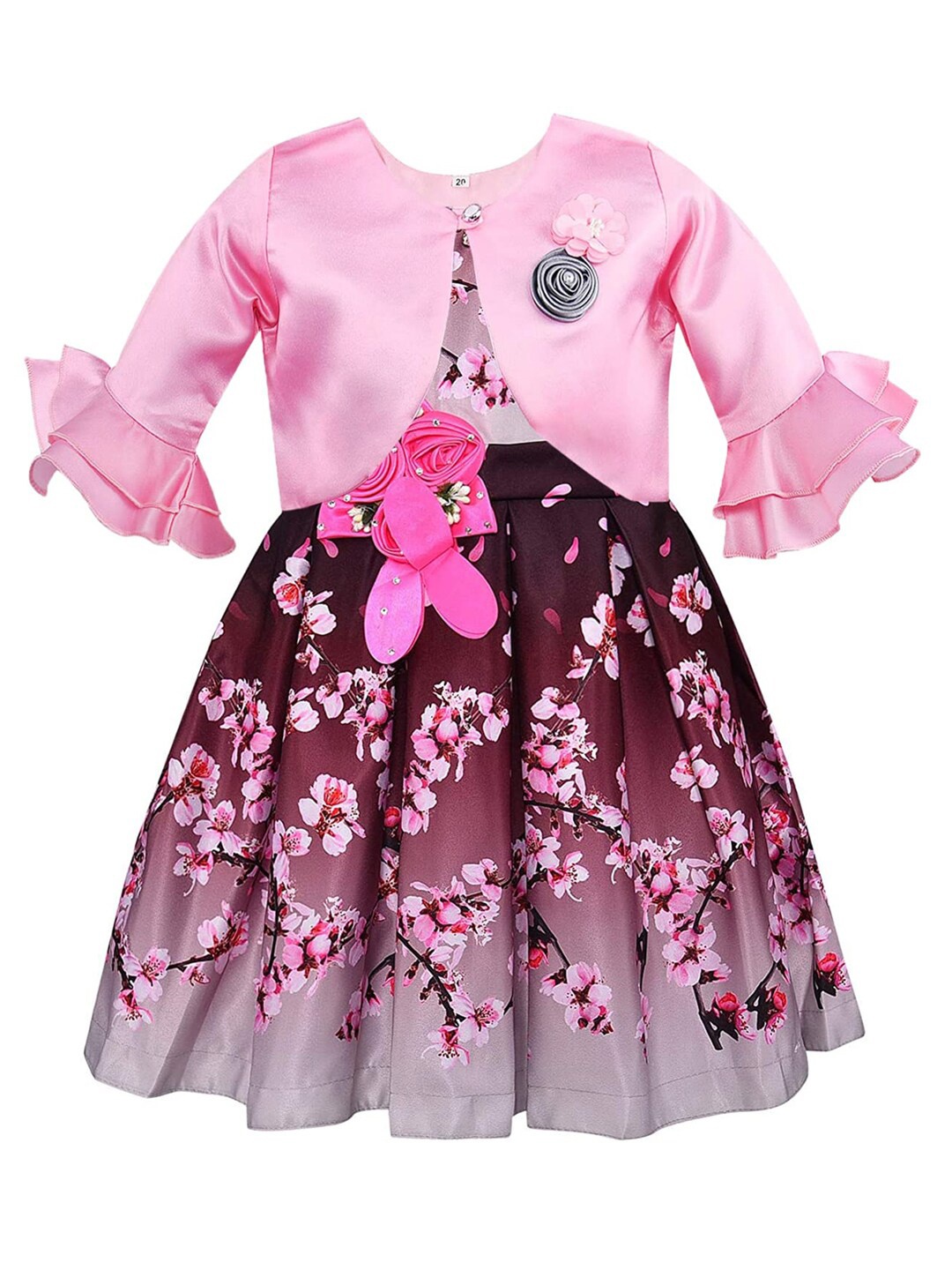 

Wish Karo Girls Burgundy & Pink Floral Print Applique Fit & Flare Dress With Jacket