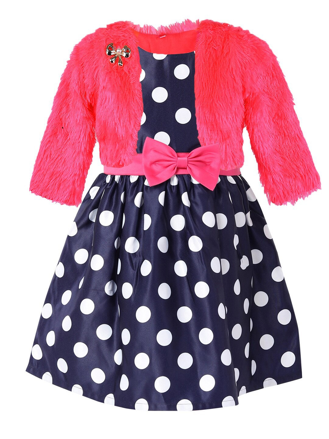 

Wish Karo Girls Navy Blue & White Polka Dot Print Fit & Flare Dress With Jacket